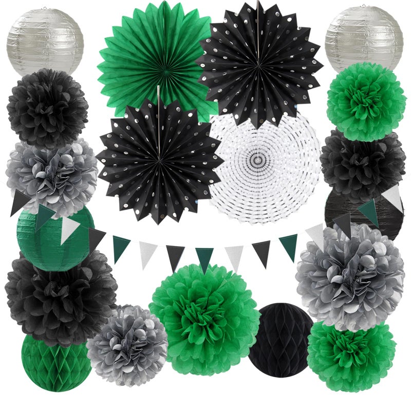 burgleda Black Green Silver Football Party-Decorations - 20pcs Soccer Theme Graduation Paper Lanterns Fans,Tissue Pom Poms,Honeycomb Balls,Men Boys Birthday Sports Spring Jungle Baby Shower Decor Burgleda - Image 1